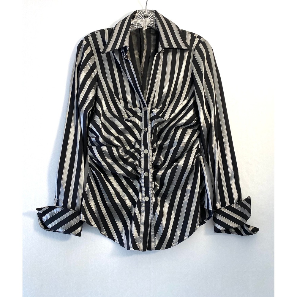 Cache Metallic Silver Black Striped Ruched Button Front Blouse Size Medium